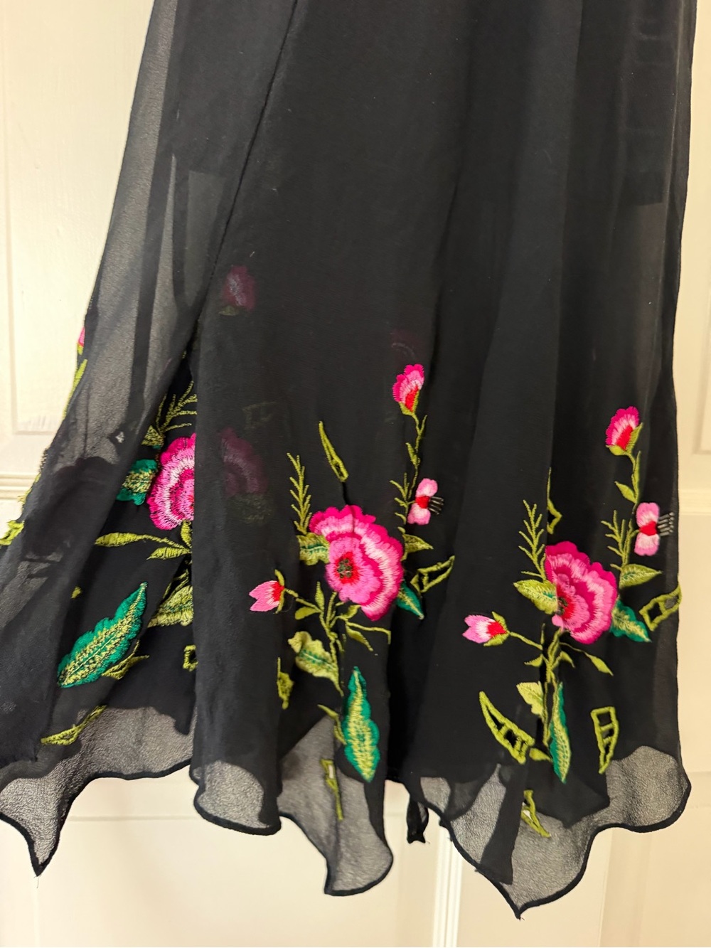 Cache Black Maxi Dress with Pink & Green Floral Embroidery (similar to Sue Wong) - Picture 5 of 6